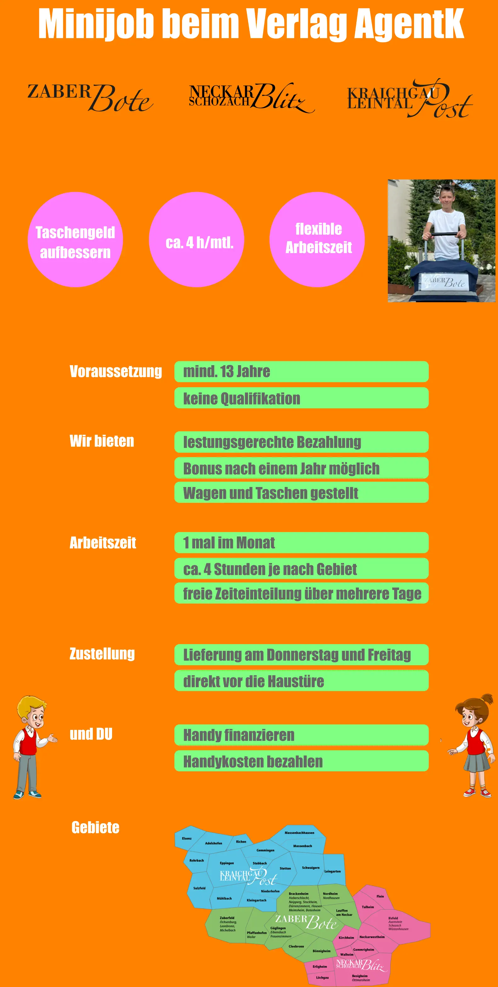 Voraussetzung mind. 13 Jahre Wir bieten Arbeitszeit keine Qualifikation  Taschengeld aufbessern ca. 4 h/mtl. flexible Arbeitszeit lestungsgerechte Bezahlung Bonus nach einem Jahr möglich Wagen und Taschen gestellt Minijob beim Verlag AgentK 1 mal im Monat ca. 4 Stunden je nach Gebiet freie Zeiteinteilung über mehrere Tage Zustellung Lieferung am Donnerstag und Freitag direkt vor die Haustüre und DU Handy finanzieren Handykosten bezahlen Gebiete